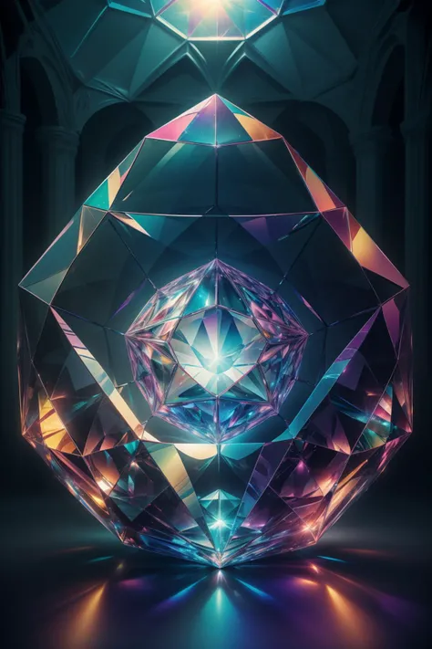 (masterpiece, top quality, best quality, official art, beautiful and aesthetic:1.2),(radial composition:1.2),(1 girl:1.2),upper body,a nun wearing a transparent hood rebe made of azure crystal,crystalline leggings,magic ball,(crystal church interior),arch,colorful glass,mirror floor reflection,(iridescent,vivid fancy neon color),symmetrical ballance,glowing rainbow color long hair,fantasy,ethereal,epic,(fractal),<lora:samo crystal3-000009:0.6>,<lora:black issey miyake:0.3>,<lora:CrystallineAI:0.3>,