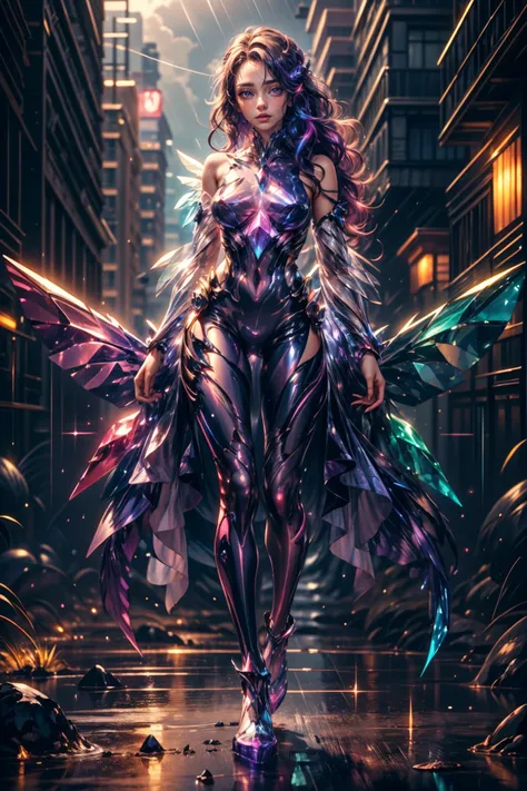 best quality, masterpiece, realistic, photorealistic,
<lora:samo crystal3-000009:0.9> upper body, 1girl wearing a transparent bodysuit made of azure crystal, crystalline leggings, suspended in air, hovering, a pair of huge pink crystal wings, nubela, (iridescent, vivid fancy neon color), holo glowing rainbow color long hair
detailed background, in street, night, light, rain
BREAK
outdoors, twilight, raytracing <lora:add_detail:1>