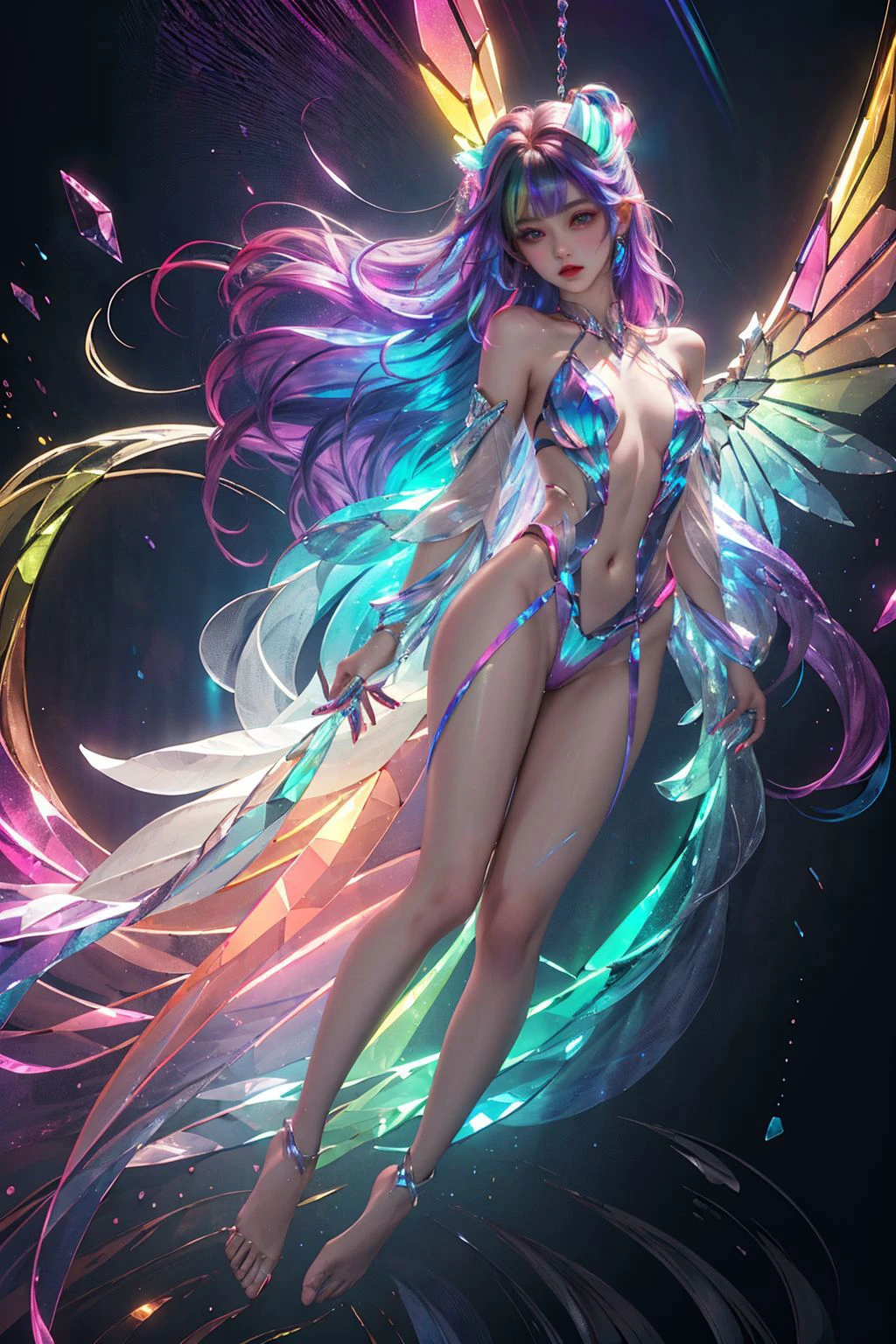 <lora:samo_crystal3-000009:0.7>,upper body,1 girl,suspended in air,crystal wings,(iridescent,vivid fancy neon color),holo glowing rainbow color long hair,small breasts,full body,, (masterpiece, best quality, high quality, highres, ultra-detailed),