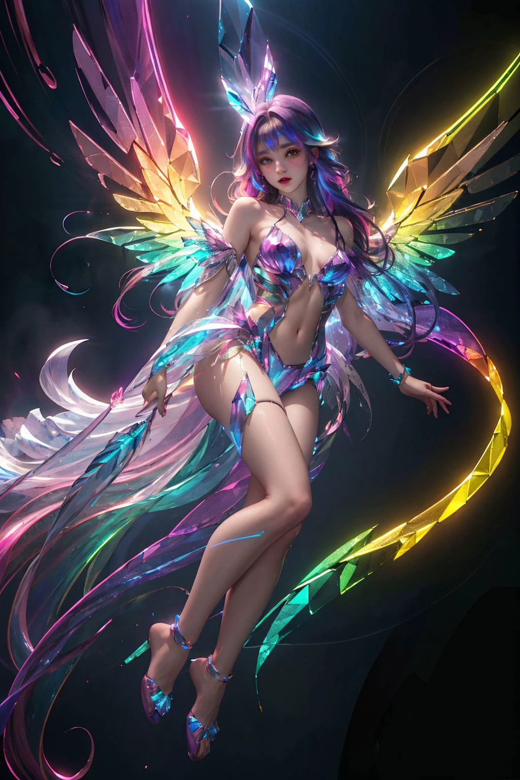 <lora:samo_crystal3-000009:0.7>,upper body,1 girl,suspended in air,hovering,crystal wings,(iridescent,vivid fancy neon color),holo glowing rainbow color long hair,small breasts,full body,, (masterpiece, best quality, high quality, highres, ultra-detailed),