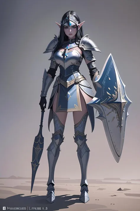 (masterpiece, best_quality, ultra-detailed, immaculate:1.3), epic, illustration, elf arctic desert warrior villainess, (armor, faulds, chestplate, greaves, pauldrons, shield, helmet:1|1.2|1.4),black hair, hime cut, leg lock, gradient background,, head down<lyco:EnvyWarrior01:1>