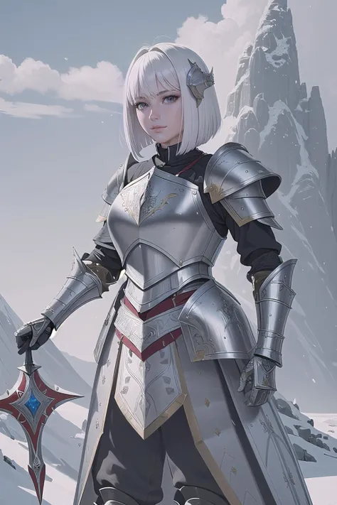 (masterpiece, best_quality, ultra-detailed, immaculate:1.3), epic, illustration, mountain dragoon , (armor, faulds, chestplate, greaves, pauldrons, shield, helmet:1|1.2|1.4),white hair, bob cut, cheek-to-cheek, in an artificial art studio,<lyco:EnvyWarrior01:1>