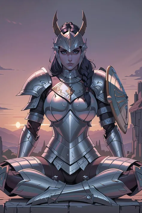 (masterpiece, best_quality, ultra-detailed, immaculate:1.3), epic, illustration, paladin , (armor, faulds, chestplate, greaves, pauldrons, shield, helmet:1|1.2|1.4),sunset hair, antenna hair,Invisible Braids, lotus position, abstract background,, horns pose<lyco:EnvyWarrior01:1>