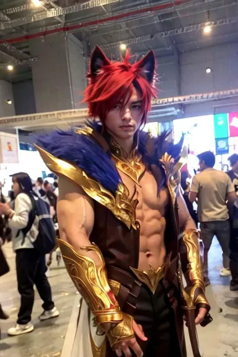 st, animal_ears,armor, gauntlets, male_focus, muscular, red_hair,masterpiece, best quality,pov,realistic,crowd,multiple girls,multiple boys,2girls,2boys,1girl,1boy,cosplay,photo background