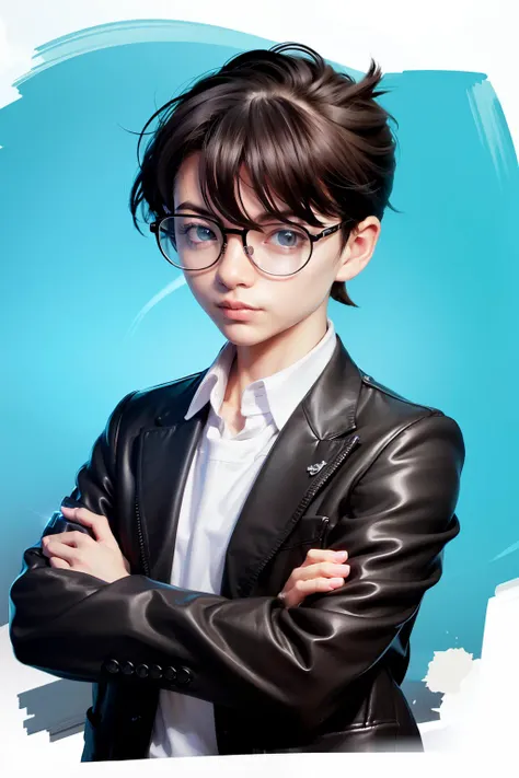 masterpiece, best quality,1girl, 1boy, brown hair, short hair, blue eyes, glasses, long sleeves, upper body, shirt, closed mouth, crossed arms, jacket, sketch, hair between eyes, collared shirt, hand on own chin, bangs, brown eyes, sweater, eyes visible through hair, brown jacket, coat, cropped torso, petals, looking at viewer