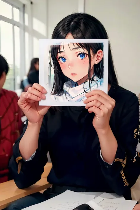 masterpiece, best quality, <lora:pif-000020:1>,paperinface,1girl, blue eyes, looking at viewer, long hair, black hair, solo, long sleeves, blurry, blush, closed mouth, hands up, sitting, holding, indoors, blurry background, photo (object), sweater, upper body, depth of field, brown hair, buttons, white sweater, jacket, bangs