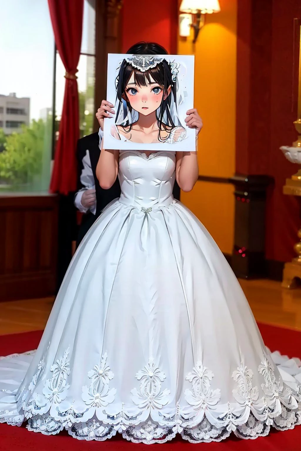 masterpiece, best quality, <lora:pif-000020:1>,paper,paperinface,1girl,wedding dress,full body,