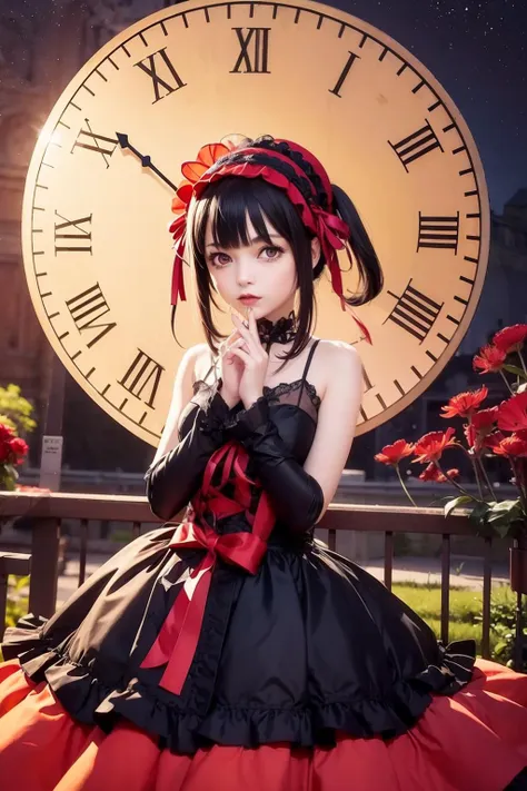 masterpiece, best quality,<lora:KK434:0.4>,kkkrumi\(gothic clothing\) ,heterochromia,  1girl,outdoors,red moon,red day,spider lily,clock,huge clock