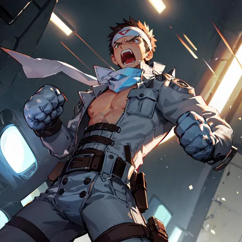 <lora:saotomejin-08:.7> saotomejin, 1boy, headband, jacket, scarf, gloves, pants, flexing, angry, open mouth, screaming, (punching:1.1), metropolis, day, spotlight, hard light, from below, foreshortening, solo, focus