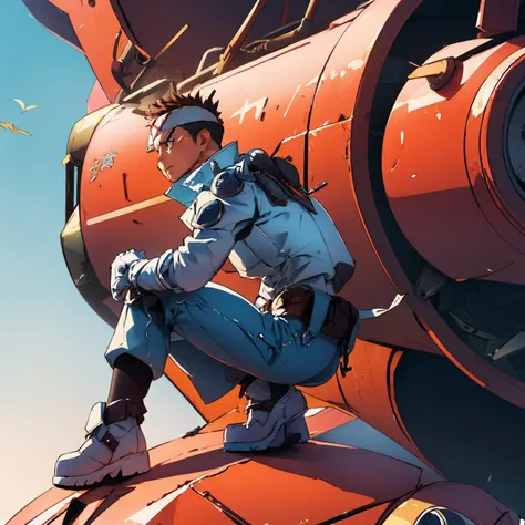 <lora:saotomejin-08:.9> saotomejin, 1boy, headband, jacket, scarf, gloves, pants, boots, solo, focus, from side, crouching, mech, helmet, mech head