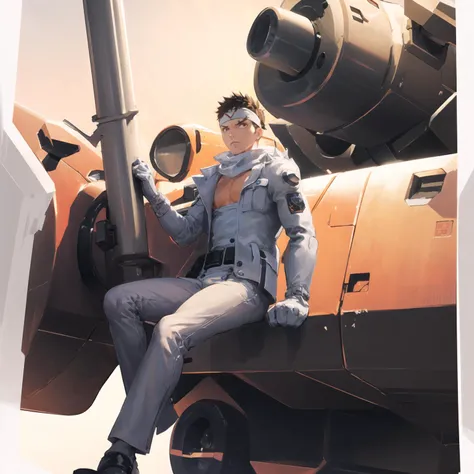 <lora:saotomejin-08:.9> saotomejin, 1boy, headband, jacket, scarf, gloves, pants, solo, focus, pilot, mecha, robot, giant robot, mech