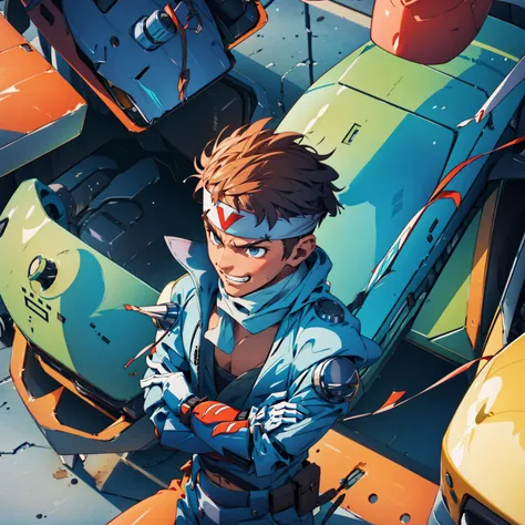 <lora:saotomejin-08:.7> saotomejin, 1boy, jacket, scarf, headband, gloves, solo, focus, fire, from above, crossed arms, (smug:1.2), grin, closed mouth, confident, mecha, robot