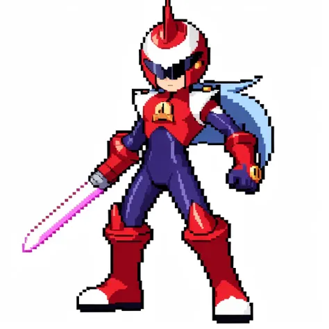 (white background:1.4),simple background,<lora:pixel_f2:0.5>,pixel,pixel art, 
1boy, protoman, long hair, bodysuit, helmet,  red footwear, armsword, standing <lora:Protoman:1>