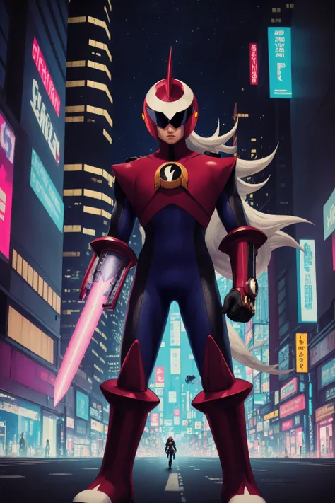 masterpiece, best quality, 1boy, protoman, swordarm, sword, long hair, bodysuit, helmet, upperbody, solo, looking at viewer,   cyberpunk, solo, neon light, night, cyberpunk city background <lora:Protoman:1>