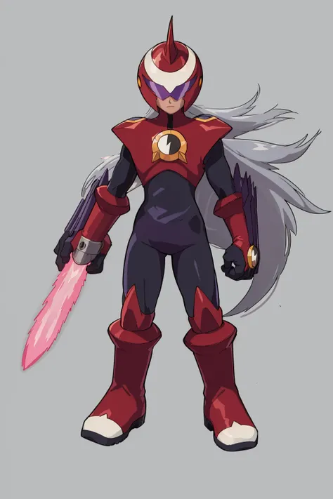 masterpiece, best quality, 1boy, darkprotoman, grey hair, long hair, bodysuit, boots, full body, gloves, helmet, red footwear, armsword, solo, standing, simple background <lora:Protoman:1>