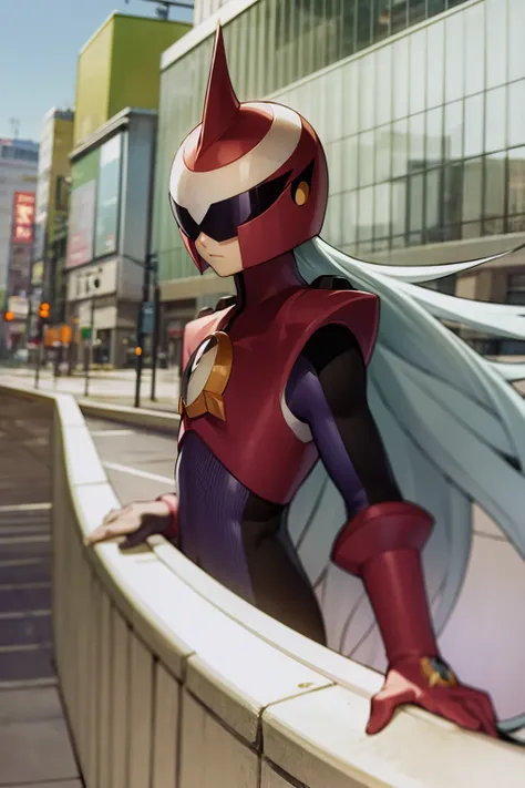 masterpiece, best quality, 1boy, protoman, long hair, bodysuit, helmet, upperbody, solo, looking at viewer, street, building, tokyo street background <lora:Protoman:1>