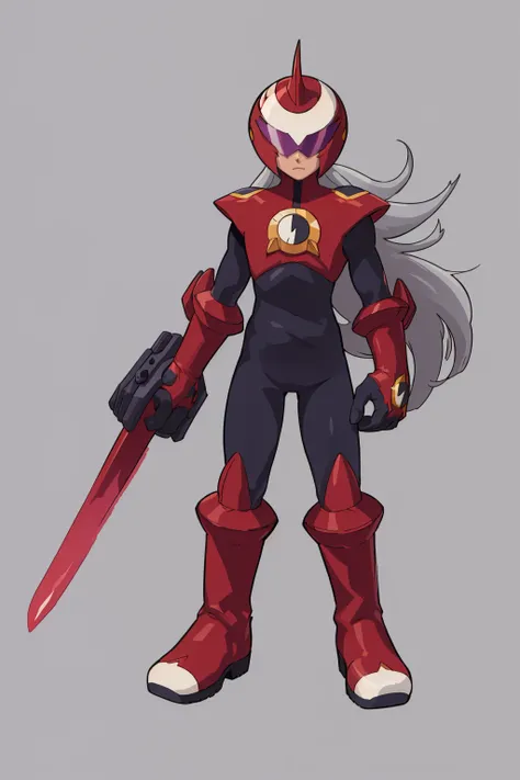 masterpiece, best quality, 1boy, darkprotoman, grey hair, long hair, bodysuit, boots, full body, gloves, helmet, red footwear, armsword, solo, standing, simple background <lora:Protoman:1>