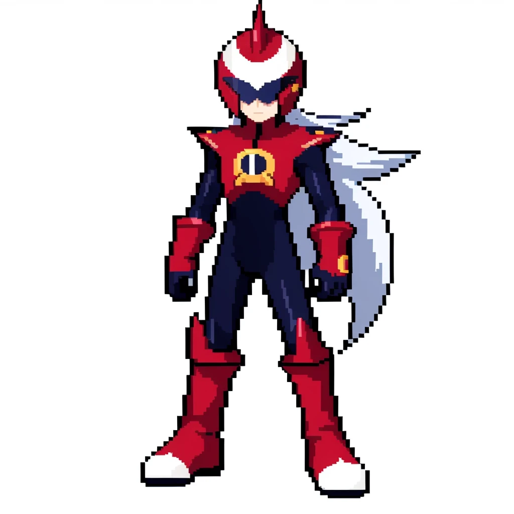 (white background:1.4),simple background,<lora:pixel_f2:0.5>,pixel,pixel art, 
1boy, darkprotoman, grey hair, long hair, bodysuit, helmet,  red footwear, solo, standing <lora:Protoman:1>