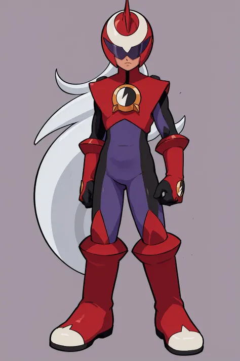 masterpiece, best quality, 1boy, protoman, white hair, long hair, bodysuit, boots, full body, gloves, helmet, red footwear, solo, standing, simple background <lora:Protoman:1>