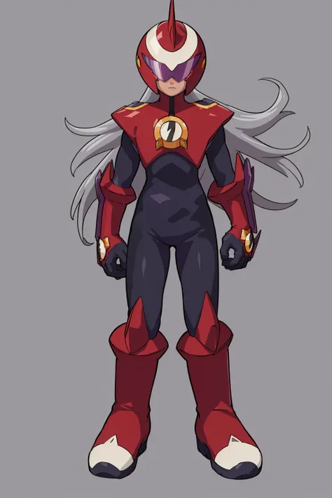 masterpiece, best quality, 1boy, darkprotoman, grey hair, long hair, bodysuit, boots, full body, gloves, helmet, red footwear, solo, standing, simple background <lora:Protoman:1>