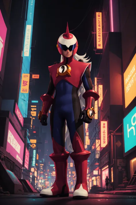 masterpiece, best quality, 1boy, protoman, long hair, bodysuit, helmet, upperbody, solo, looking at viewer,  cyberpunk, solo, neon light, night, cyberpunk city background <lora:Protoman:1>