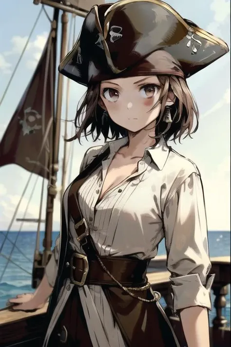 jack sparrow, anime style, masterpiece, best quality, 1girl, brown eyes, hat, brown hair, closed mouth, earrings, green background, hat, pirate, jewelry, looking at viewer, shirt, short hair, simple background, solo, upper body, white shirt, on pirate ship, medium_breasts, ocean, ship<lora:jackSparrowRealisticAnime_offset:0.7>