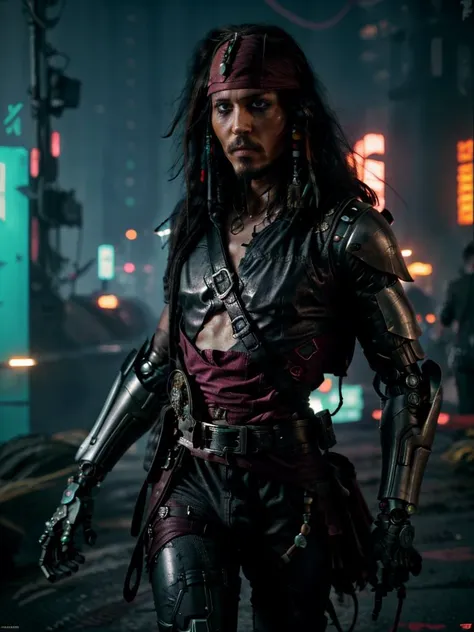 8k UHD, Photo by Nikon camera, masterpiece, (<lora:jack_sparrow_offset:1> jack sparrow), watching viewer, 8k unreal engine render, (man), (male), cyberpunk, tech armor, glowing armor, neon armor, power armor, mechanical parts, tech parts, cyborg, robot, technological city full of neons, cyberpunk city, neon city, glow, action shot, detailed eyes, very vivid lighting, detailed, (vibrant, photo realistic, realistic, dramatic, dark, sharp focus),  <lora:Cyberpunk_style-05:0.75> Cyberpunk Style, <lora:more_details:0.8>, <lora:improve_backgrounds:0.75>