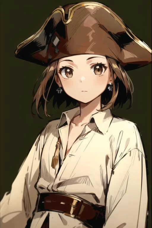 jack sparrow, anime style, masterpiece, best quality, 1girl, brown eyes, hat, brown hair, closed mouth, earrings, green background, hat, pirate, jewelry, looking at viewer, shirt, short hair, simple background, solo, upper body, white shirt, <lora:jackSparrowRealisticAnime_offset:0.6>