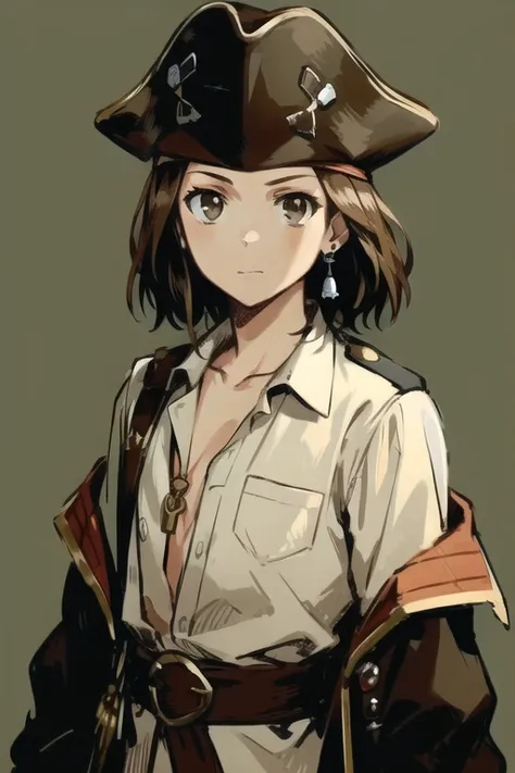 jack sparrow, anime style, masterpiece, best quality, 1girl, brown eyes, hat, brown hair, closed mouth, earrings, green background, hat, pirate, jewelry, looking at viewer, shirt, short hair, simple background, solo, upper body, white shirt, <lora:jackSparrowRealisticAnime_offset:0.6>