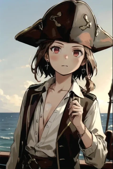 jack sparrow, anime style, masterpiece, best quality, 1girl, brown eyes, hat, brown hair, closed mouth, earrings, green background, hat, pirate, jewelry, looking at viewer, shirt, short hair, simple background, solo, upper body, white shirt, on pirate ship, ocean, ship<lora:jackSparrowRealisticAnime_offset:0.7>