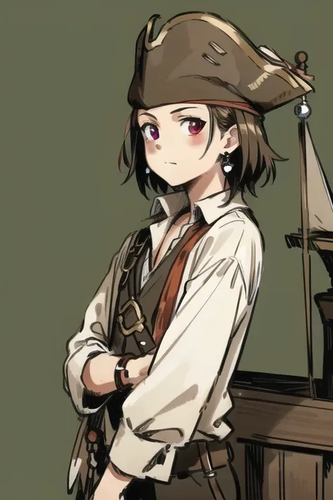 jack sparrow, anime style, masterpiece, best quality, 1girl, brown eyes, hat, brown hair, closed mouth, earrings, green background, hat, pirate, jewelry, looking at viewer, shirt, short hair, simple background, solo, upper body, white shirt, on pirate ship, ocean, ship<lora:jackSparrowRealisticAnime_offset:0.6>