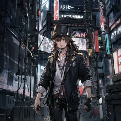 jack sparrow, anime style, criin, masterpiece, best quality, 1boy brown eyes, hat, brown hair, cyberpunk, futuristic, neon lights, <lora:jackSparrowRealisticAnime_offset:0.6>, <lora:criinStyleLora_offset:1>