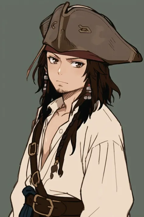 jack sparrow, anime style, masterpiece, best quality, 1boy, brown eyes, hat, brown hair, closed mouth, earrings, green background, hat, pirate, , jewelry, looking at viewer, shirt, short hair, simple background, solo, upper body, white shirt
<lora:jack_sparrow_offset:1>