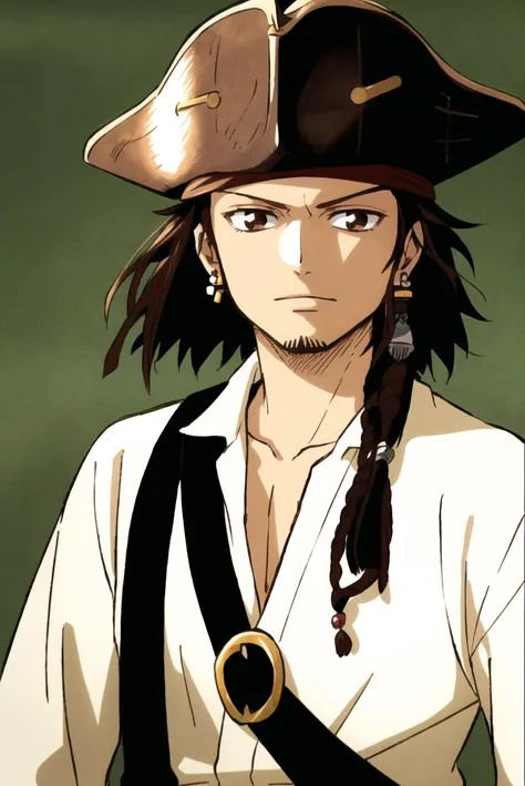 jack sparrow, wanostyle, anime style, masterpiece, best quality, 1boy, brown eyes, hat, brown hair, closed mouth, earrings, green background, hat, earrings, jewelry, looking at viewer, shirt, short hair, simple background, solo, upper body, white shirt
<lora:jack_sparrow_offset:1><lora:wanostyle_2_offset:0.6>