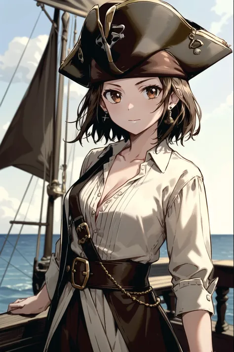 jack sparrow, anime style, masterpiece, best quality, 1girl, brown eyes, hat, brown hair, closed mouth, earrings, green background, hat, pirate, jewelry, looking at viewer, shirt, short hair, simple background, solo, upper body, white shirt, on pirate ship, medium_breasts, ocean, ship<lora:jack_sparrow_offset:0.7>