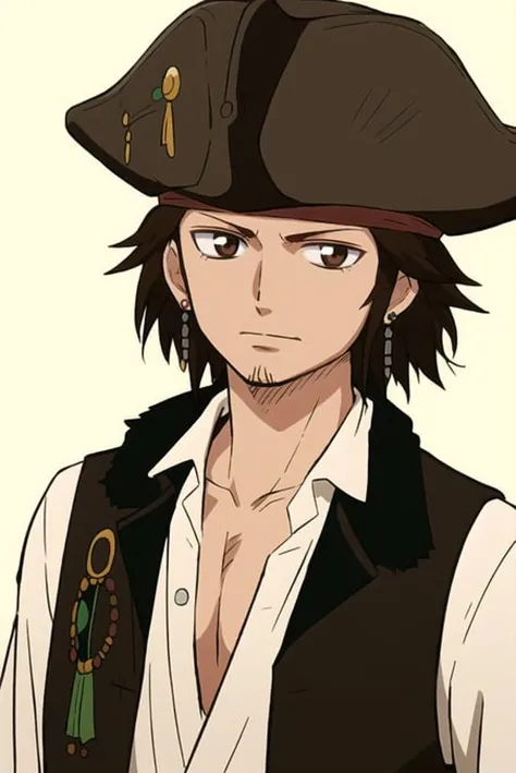 jack sparrow, wanostyle, anime style, masterpiece, best quality, 1boy, brown eyes, hat, brown hair, closed mouth, earrings, green background, hat, earrings, jewelry, looking at viewer, shirt, short hair, simple background, solo, upper body, white shirt
<lora:jack_sparrow_offset:1><lora:wanostyle_2_offset:0.6>