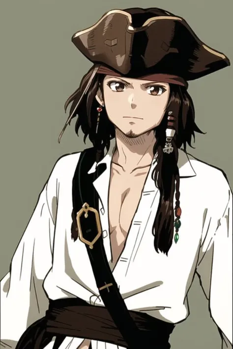 jack sparrow, anime style, masterpiece, best quality, 1boy, brown eyes, hat, brown hair, closed mouth, earrings, green background, hat, pirate, , jewelry, looking at viewer, shirt, short hair, simple background, solo, upper body, white shirt
<lora:jack_sparrow_offset:1>