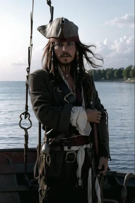 masterpiece, (photorealistic:1.5), best quality, beautiful lighting, real life,
jack sparrow, solo, long hair, brown hair, long sleeves, 1boy, hat, weapon, male focus, outdoors, gun, facial hair, ocean, rope, rifle, beard, watercraft
, intricate, high detail, sharp focus, dramatic, beautiful girl , (RAW photo, 8k uhd, film grain), caustics, subsurface scattering, reflections
<lora:jack_sparrow_offset:1>