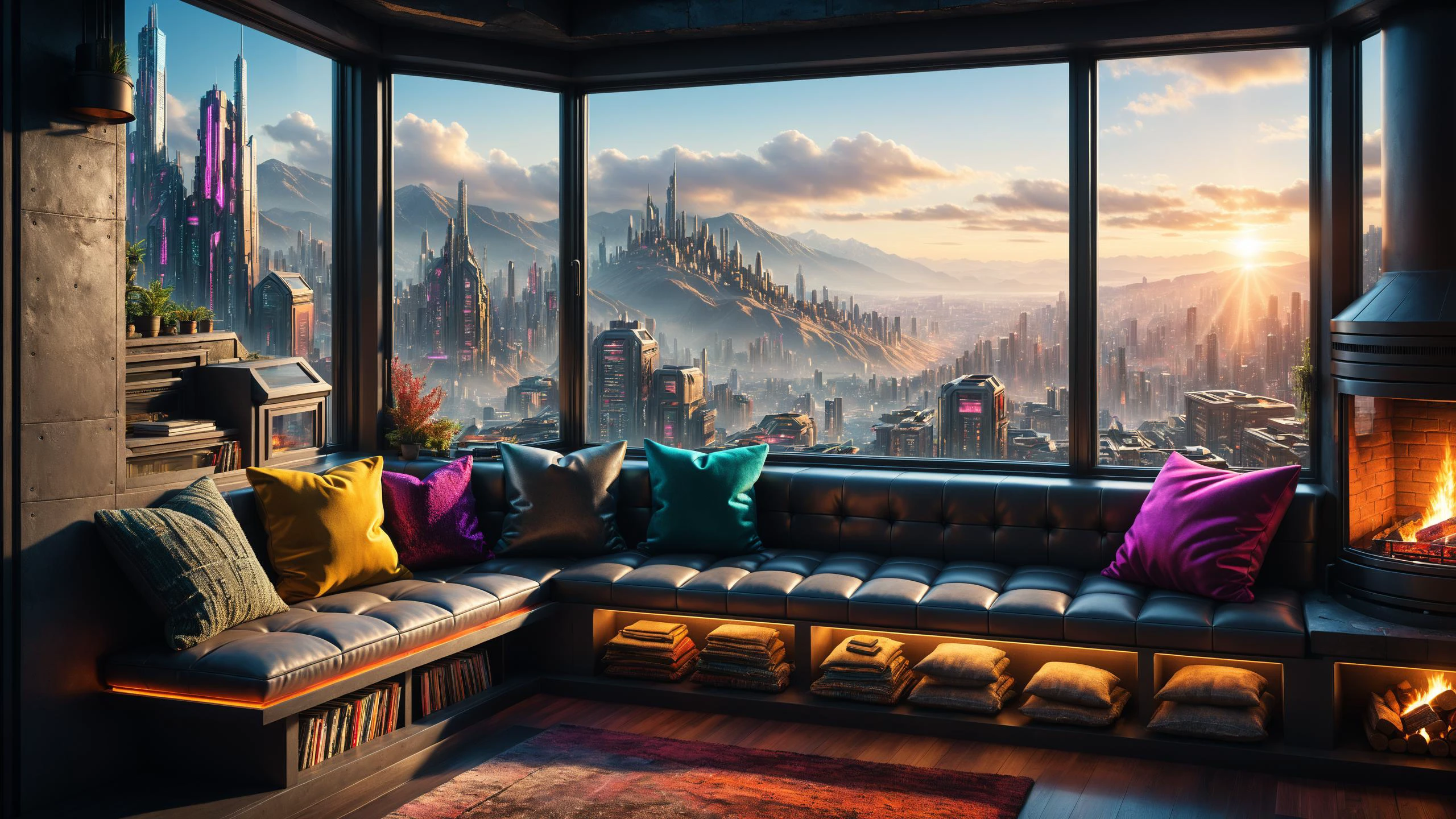 RAW photo of a Cyberpunk cushioned window seat with scenic backdrop, a cozy fireplace is nearby, <lora:EnvyCozyXL01:0.6>, <lora:xl_more_art-full_v1:0.4>, <lora:EnvyBiophilicXL01:0.7>
