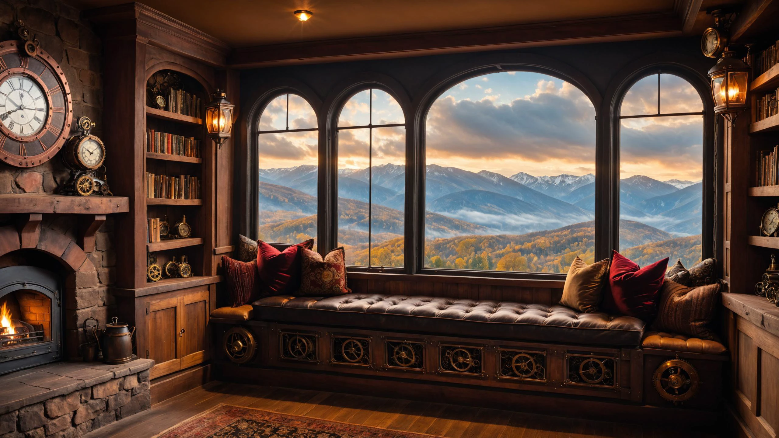 RAW photo of a Steampunk cushioned window seat with scenic backdrop, a cozy fireplace is nearby, <lora:EnvyCozyXL01:0.6>, <lora:xl_more_art-full_v1:0.4>, <lora:cliffbuilding_XL:0.7>