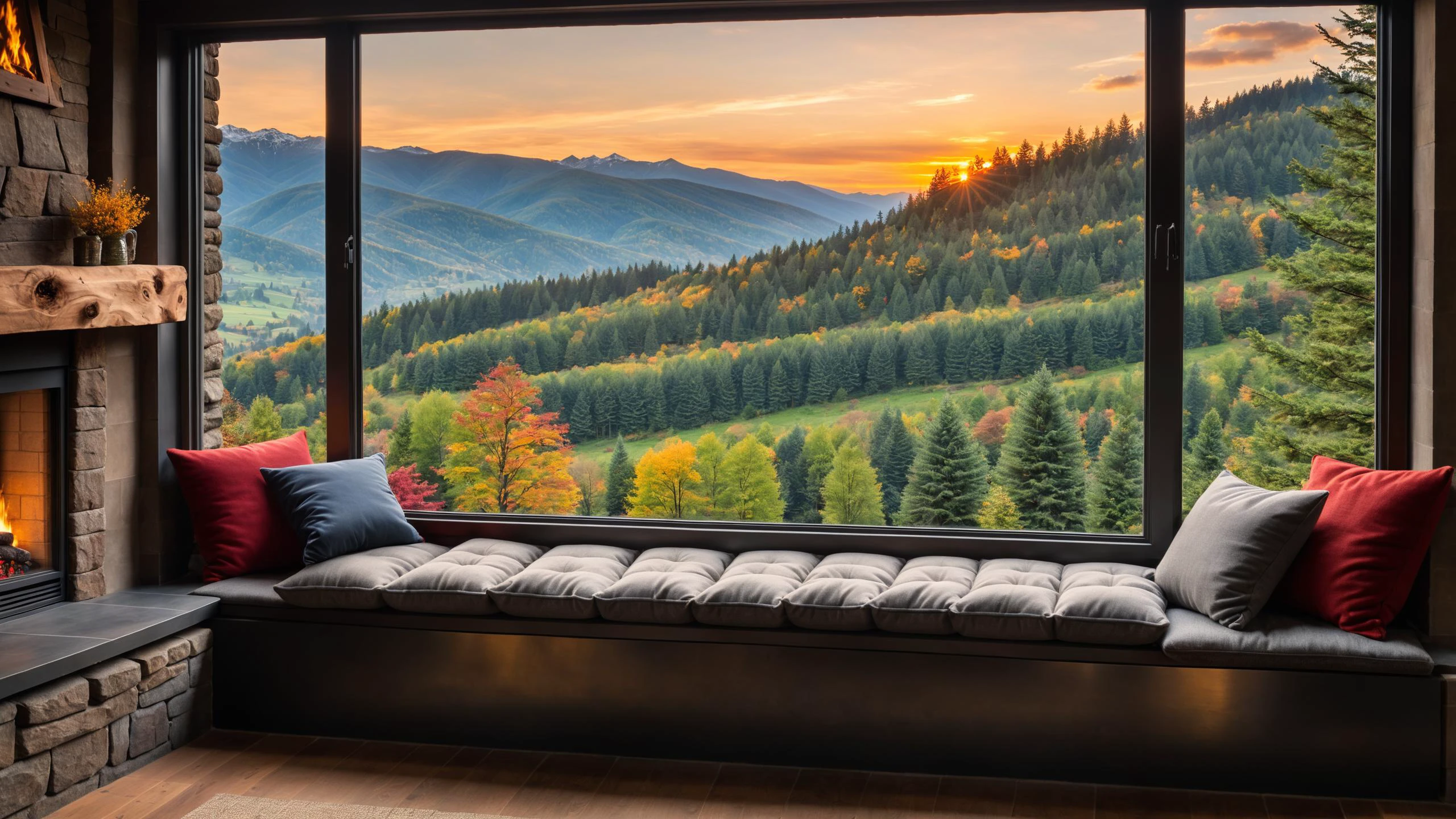 RAW photo of a Mecha cushioned window seat with scenic backdrop, a cozy fireplace is nearby, <lora:EnvyCozyXL01:0.6>, <lora:xl_more_art-full_v1:0.4>, <lora:EnvyFutureUtopiaXL01:0.7>