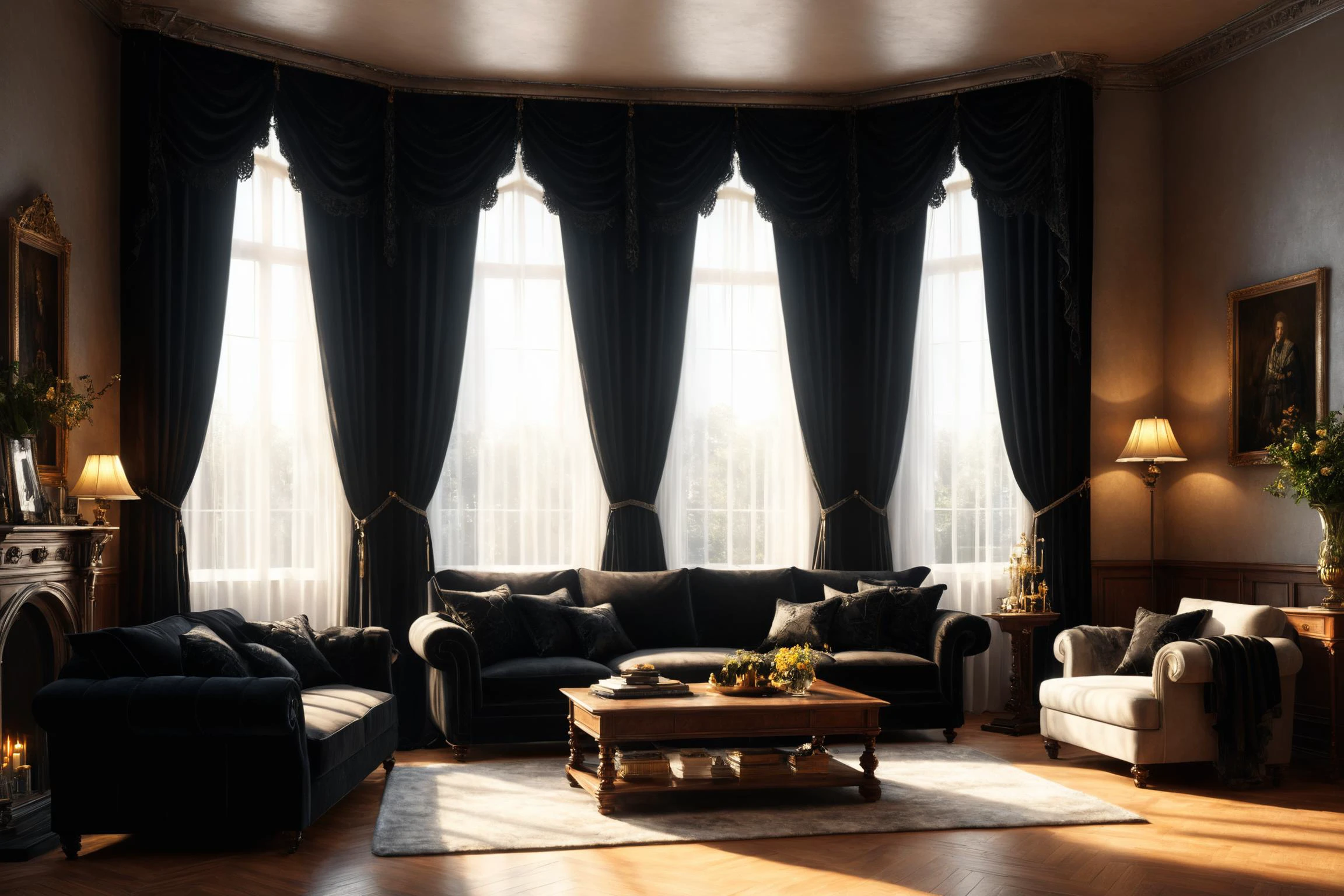 photorealistic, detailed digital illustration of a Gothic Sunlit living room with airy curtains, <lora:EnvyCozyXL01:0.7>, <lora:xl_more_art-full_v1:0.7>, <lora:NicolaSamori:0.7>