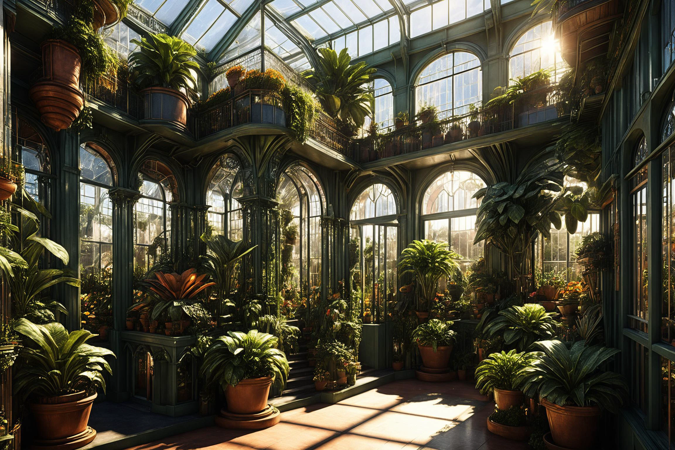 photorealistic, detailed digital illustration of a Rococopunk Sunlit conservatory with potted plants, <lora:EnvyCozyXL01:0.7>, <lora:xl_more_art-full_v1:0.7>, <lora:EnvyIndustrialScifiXL01:0.7>