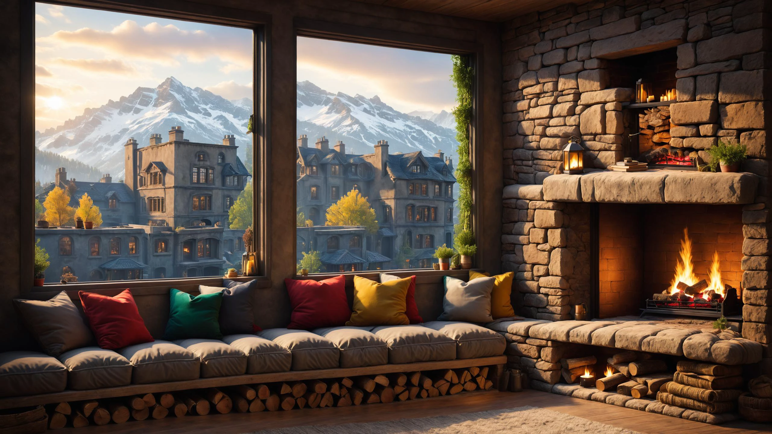 RAW photo of a Dystopian cushioned window seat with scenic backdrop, a cozy fireplace is nearby, <lora:EnvyCozyXL01:0.6>, <lora:xl_more_art-full_v1:0.4>, <lora:SDXLFaeTastic2400:0.7>