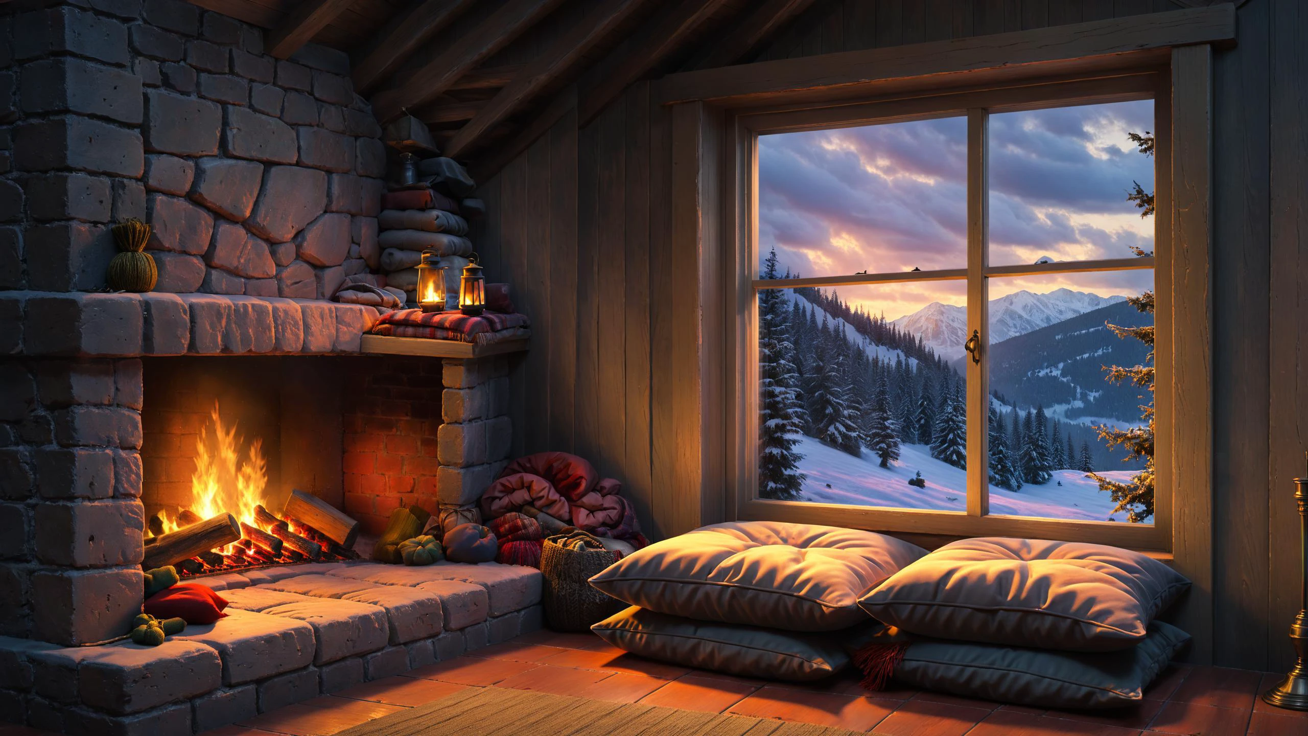 RAW photo of a Horror cushioned window seat with scenic backdrop, a cozy fireplace is nearby, <lora:EnvyCozyXL01:0.6>, <lora:xl_more_art-full_v1:0.4>, <lora:Detailed Interior Style SDXL v1:0.7>