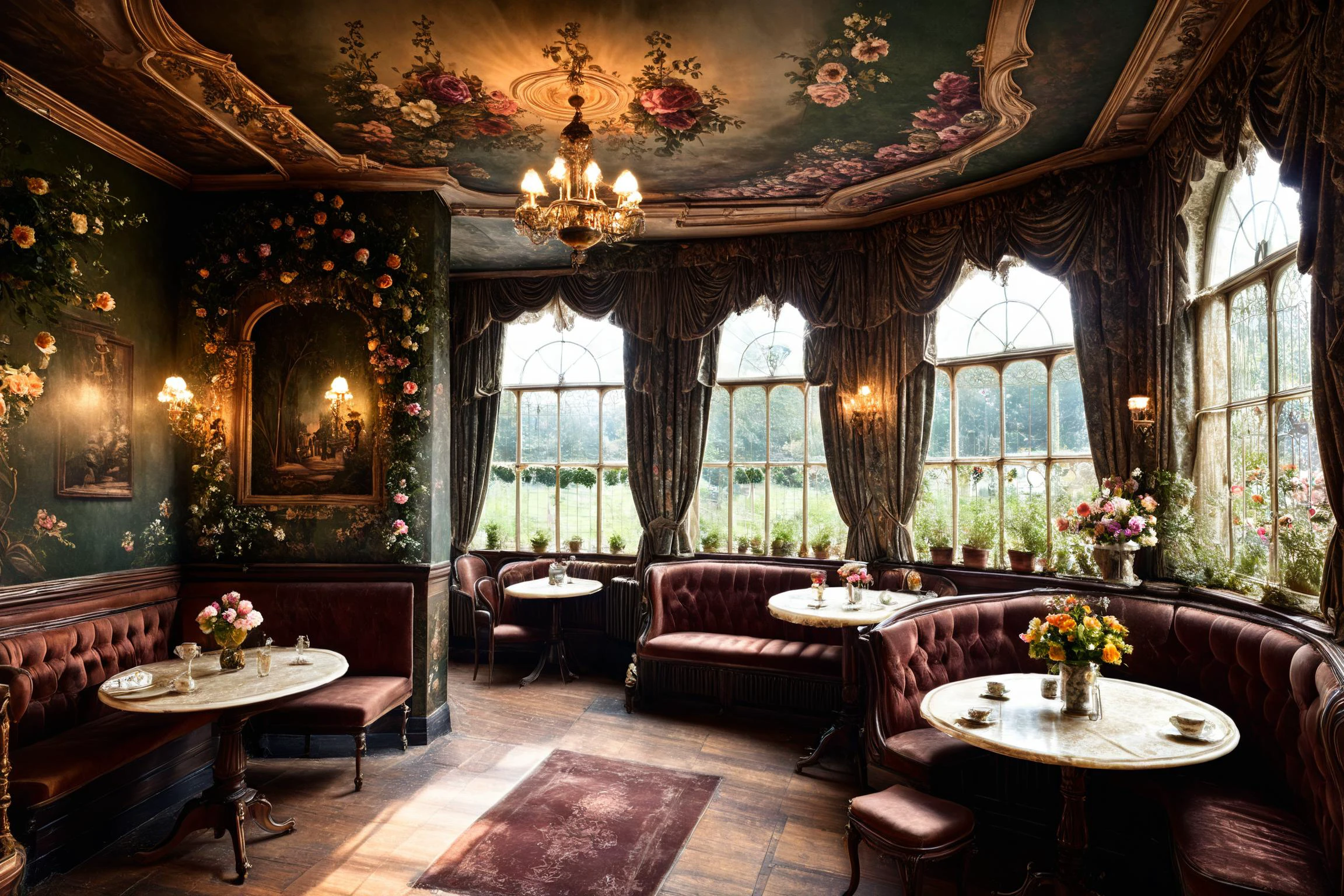 photorealistic, detailed digital illustration of a Victorian tearoom with floral wallpaper, <lora:EnvyCozyXL01:0.7>, <lora:xl_more_art-full_v1:0.7>, <lora:EnvyHorrorXL01:0.8> haunted