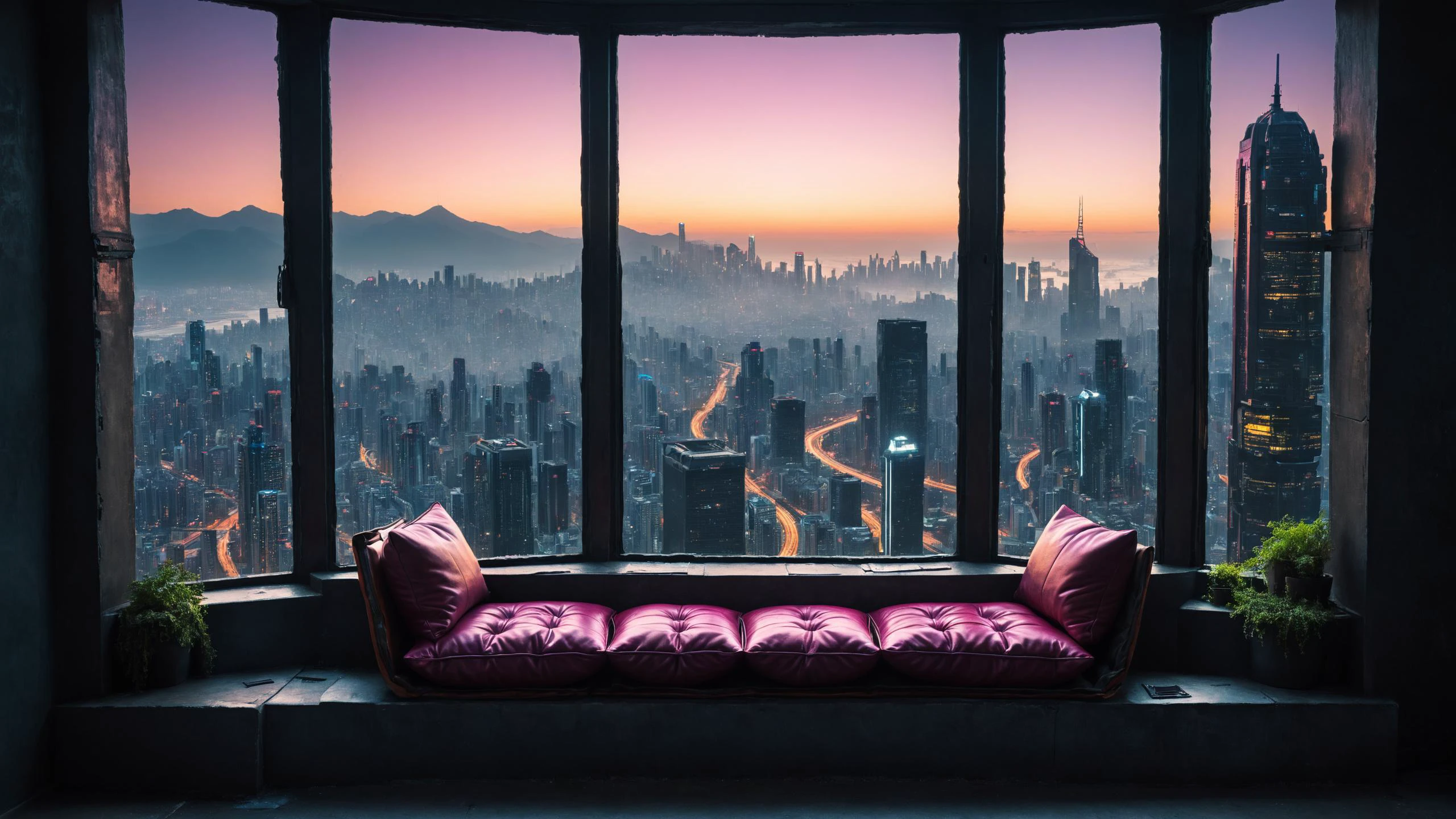 RAW photo of a Cyberpunk Cushioned window seat with scenic backdrop, <lora:EnvyCozyXL01:0.6>, <lora:xl_more_art-full_v1:0.4>, <lora:NicolaSamori:0.7>
