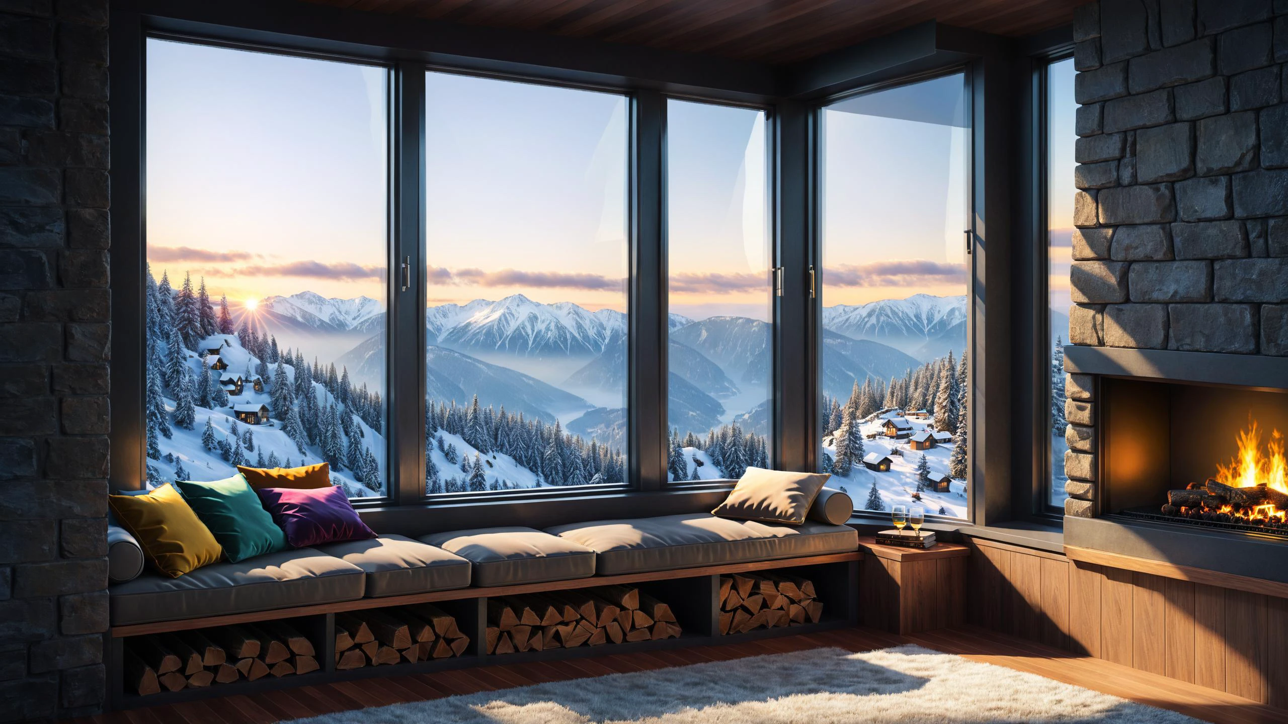 RAW photo of a Nanopunk cushioned window seat with scenic backdrop, a cozy fireplace is nearby, <lora:EnvyCozyXL01:0.6>, <lora:xl_more_art-full_v1:0.4>, <lora:Detailed Interior Style SDXL v1:0.7>