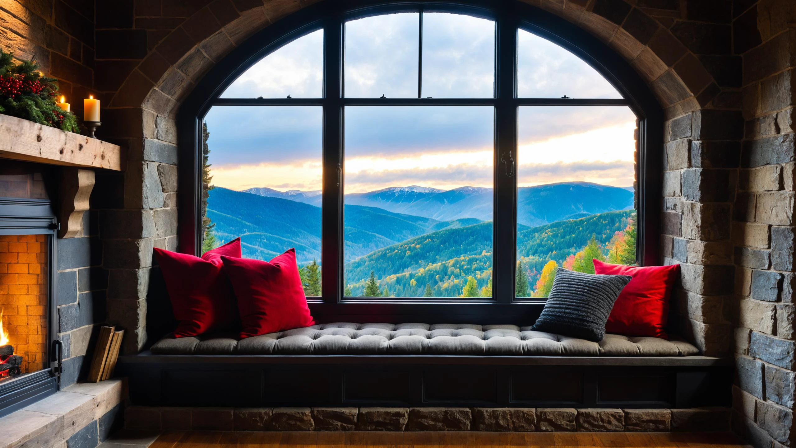 RAW photo of a Biopunk cushioned window seat with scenic backdrop, a cozy fireplace is nearby, <lora:EnvyCozyXL01:0.6>, <lora:xl_more_art-full_v1:0.4>, <lora:EnvyGothicXL01:0.7>
