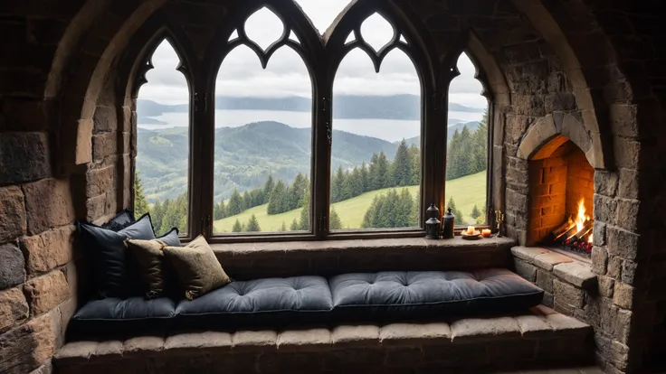 RAW photo of a  Gothic cushioned window seat with scenic backdrop, a cozy fireplace is nearby, <lora:EnvyCozyXL01:0.6>, <lora:xl_more_art-full_v1:0.4>, <lora:EnvyBorealXL01:0.7>